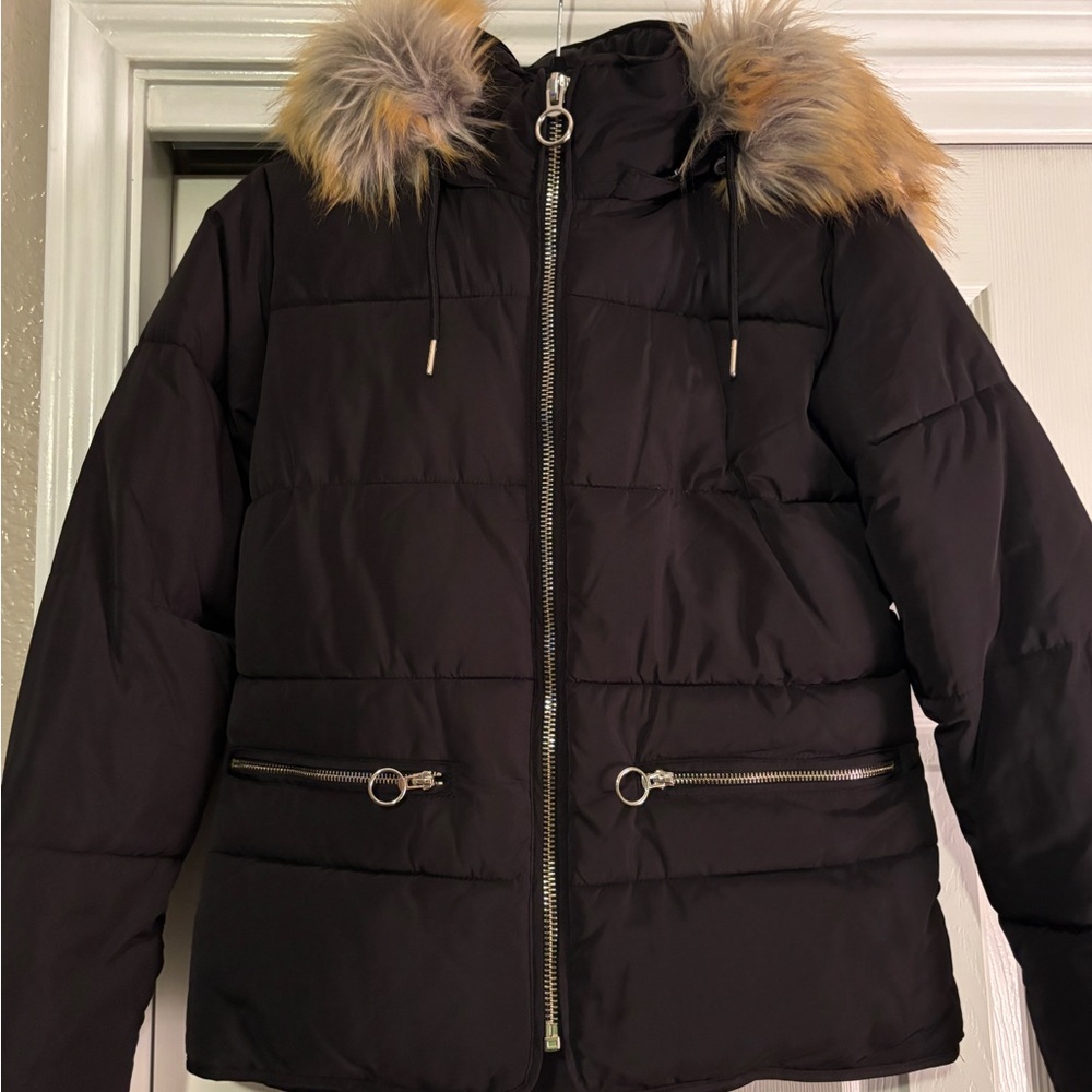 Topshop Black Puffer Jacket with Faux Fur Trim